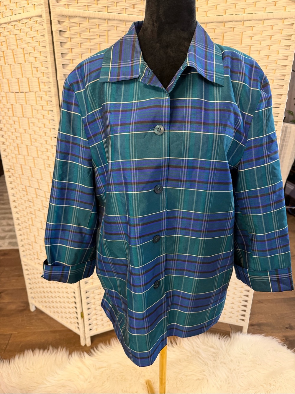 SilkLand Teal and Blue Plaid Women’s Button-Up Jacket